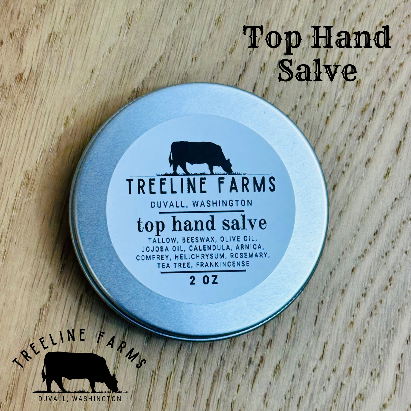 2 oz tin of our handcrafted "top hand salve" made to provide comfort for sore or cracked hands.