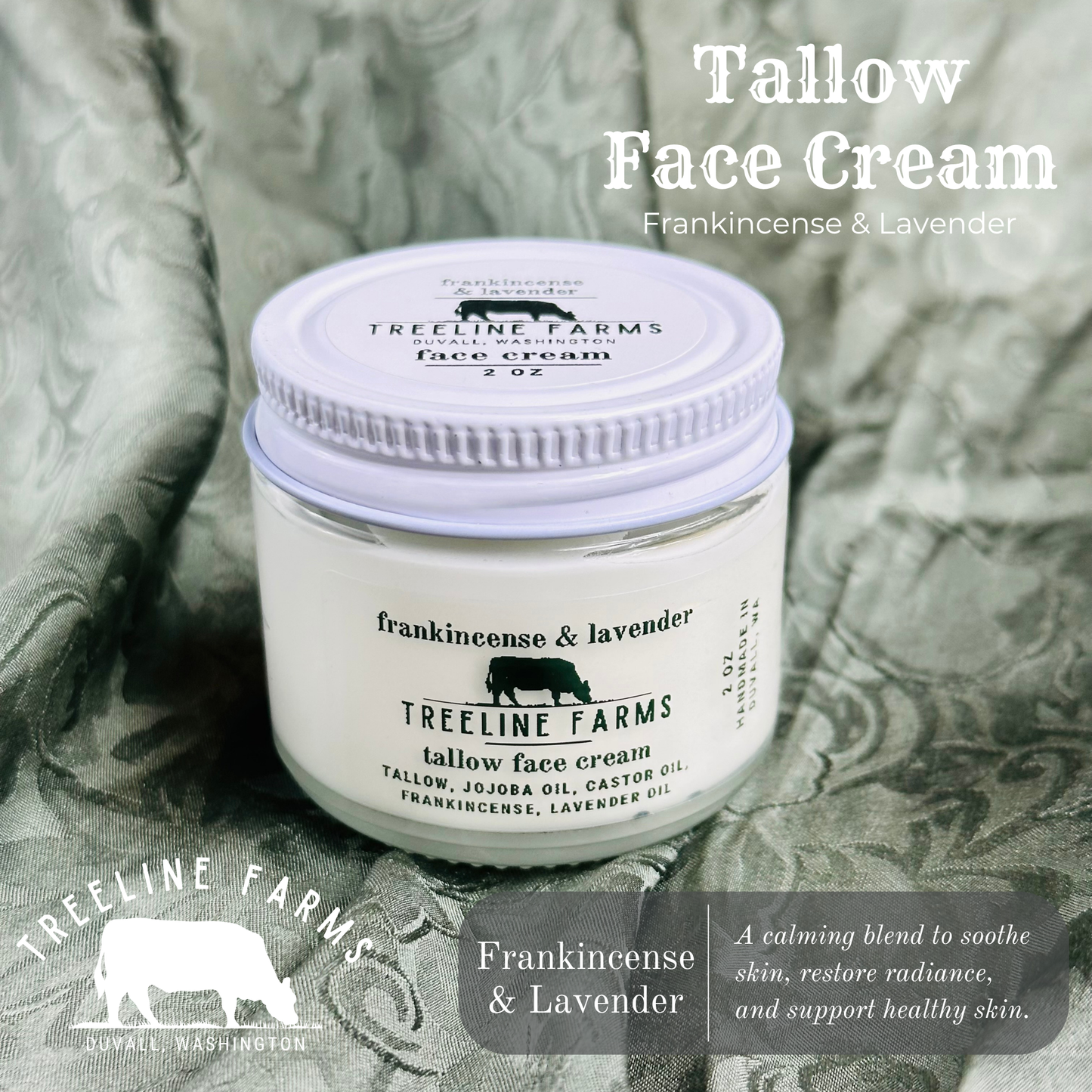 2 ounce glass jar filled with lovely tallow-based face cream.