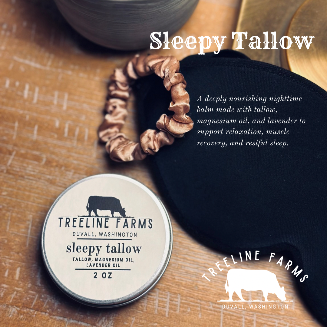A nightstand essential, a deeply nourishing nighttime balm made with tallow, magnesium oil, and lavender to support relaxation, muscle recovery, and restful sleep.
