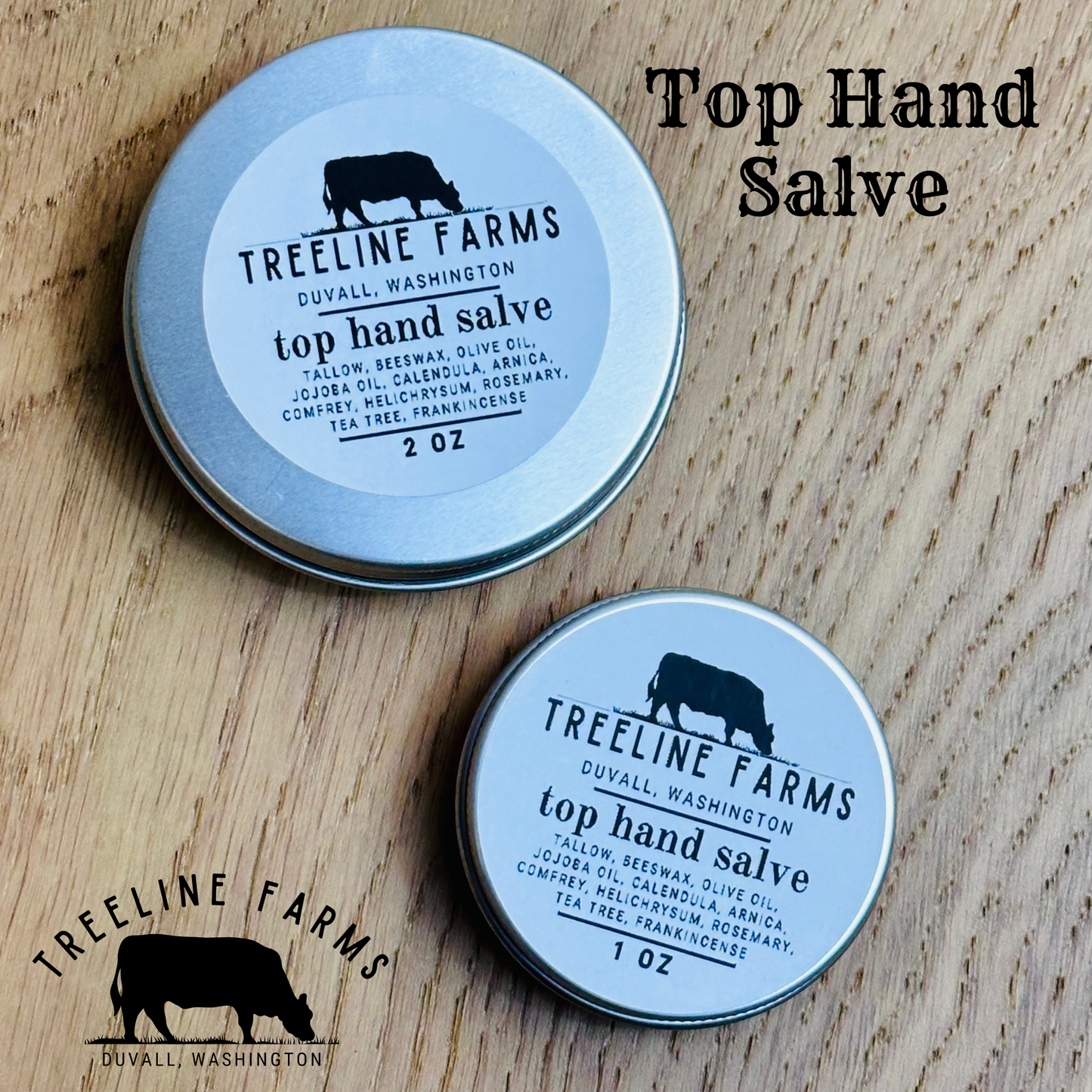 Two size options in 1 oz or 2 oz tins of our Top Hand Salve made with tallow and comforting ingredients and botanicals.