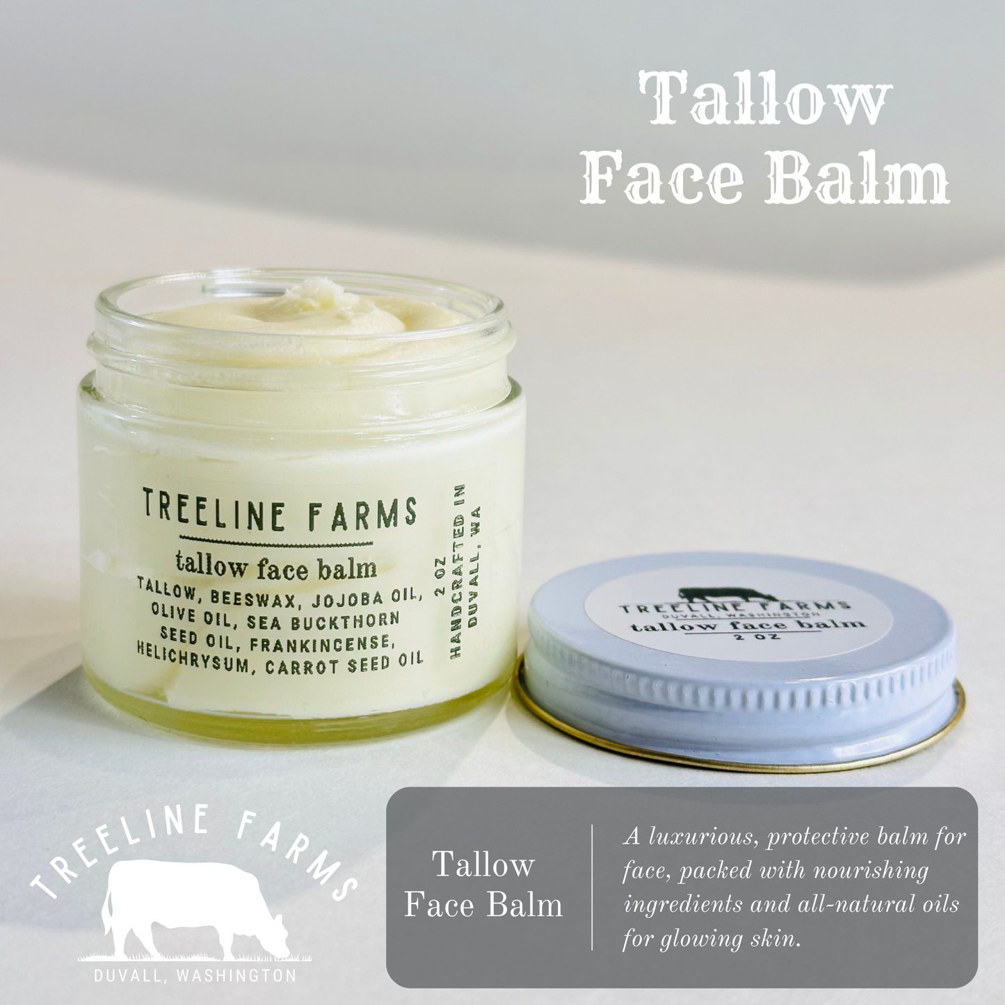 Creamy tallow face balm in a clear glass jar with clean, black text of the Treeline Farms branding and list of ingredients, on a light background.
