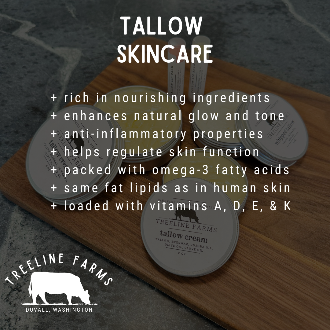 A short list of the primary benefits of using tallow skincare: rich in nourishing ingredients, enhances natural glow and tone, anti-inflammatory properties, helps regulate skin function, packed with omega-3 fatty acids, same fat lipids as in human skin, and it's loaded with vitamins A, D, E, & K. Enjoy!