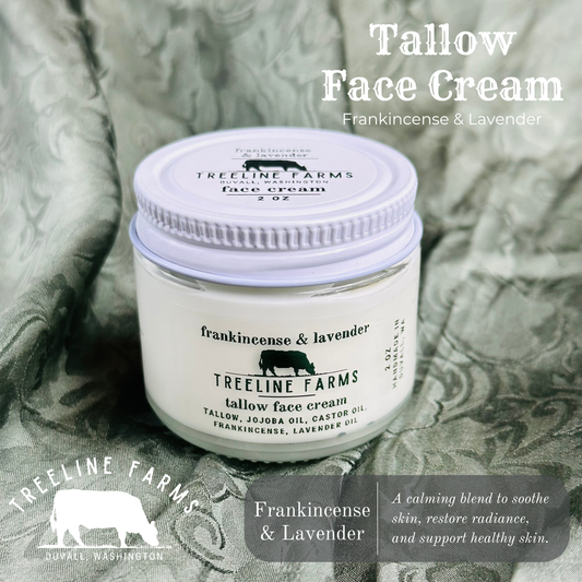 2 ounce glass jar filled with lovely tallow-based face cream.