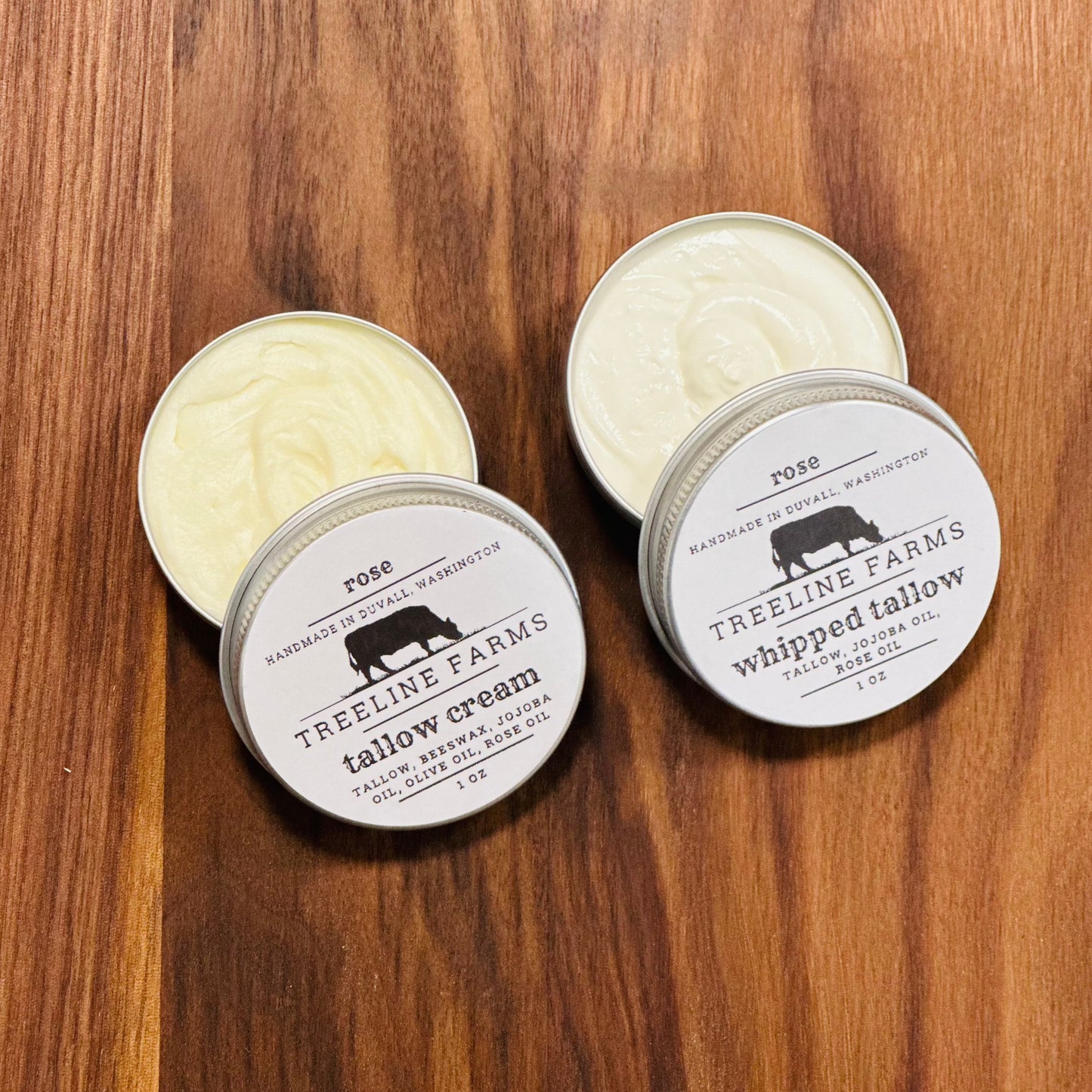 This image shows both the Tallow Cream and Whipped Tallow side by side. The main difference in the two is that the cream includes beeswax.