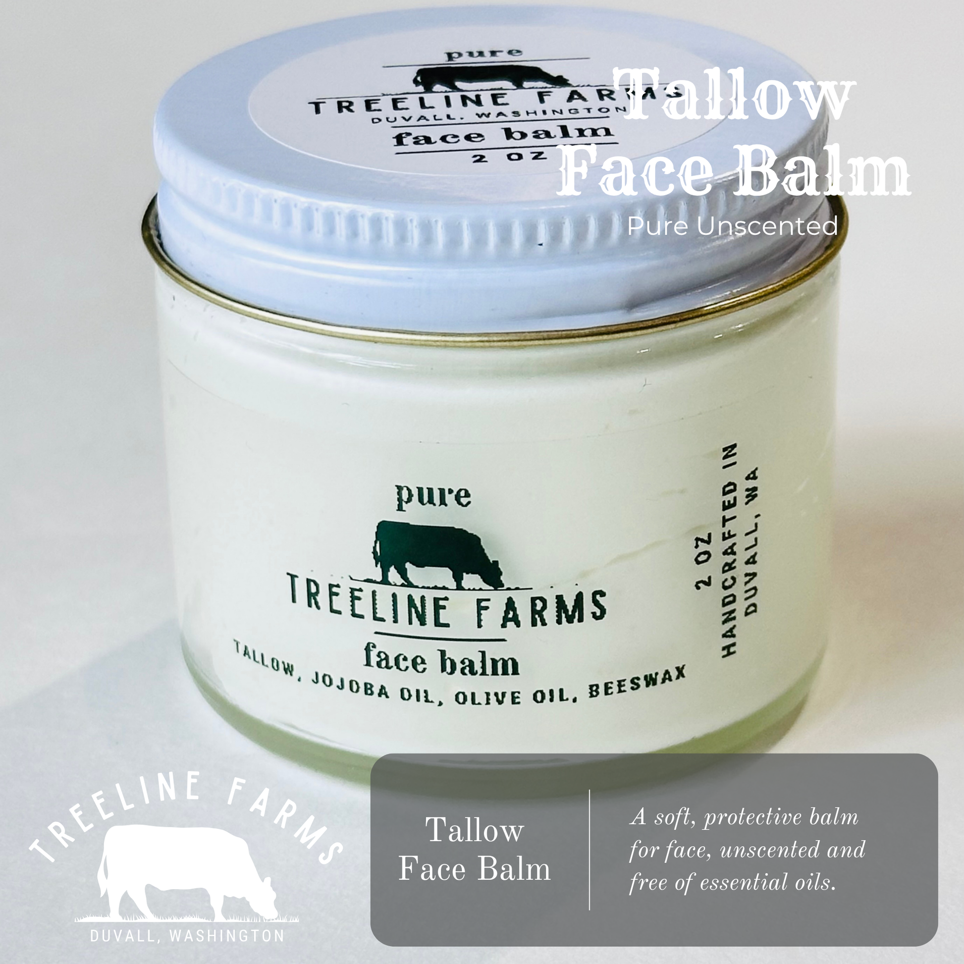 Treeline Farms tallow face balm jar with lid on a light background