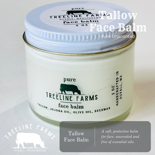 Treeline Farms tallow face balm jar with lid on a light background