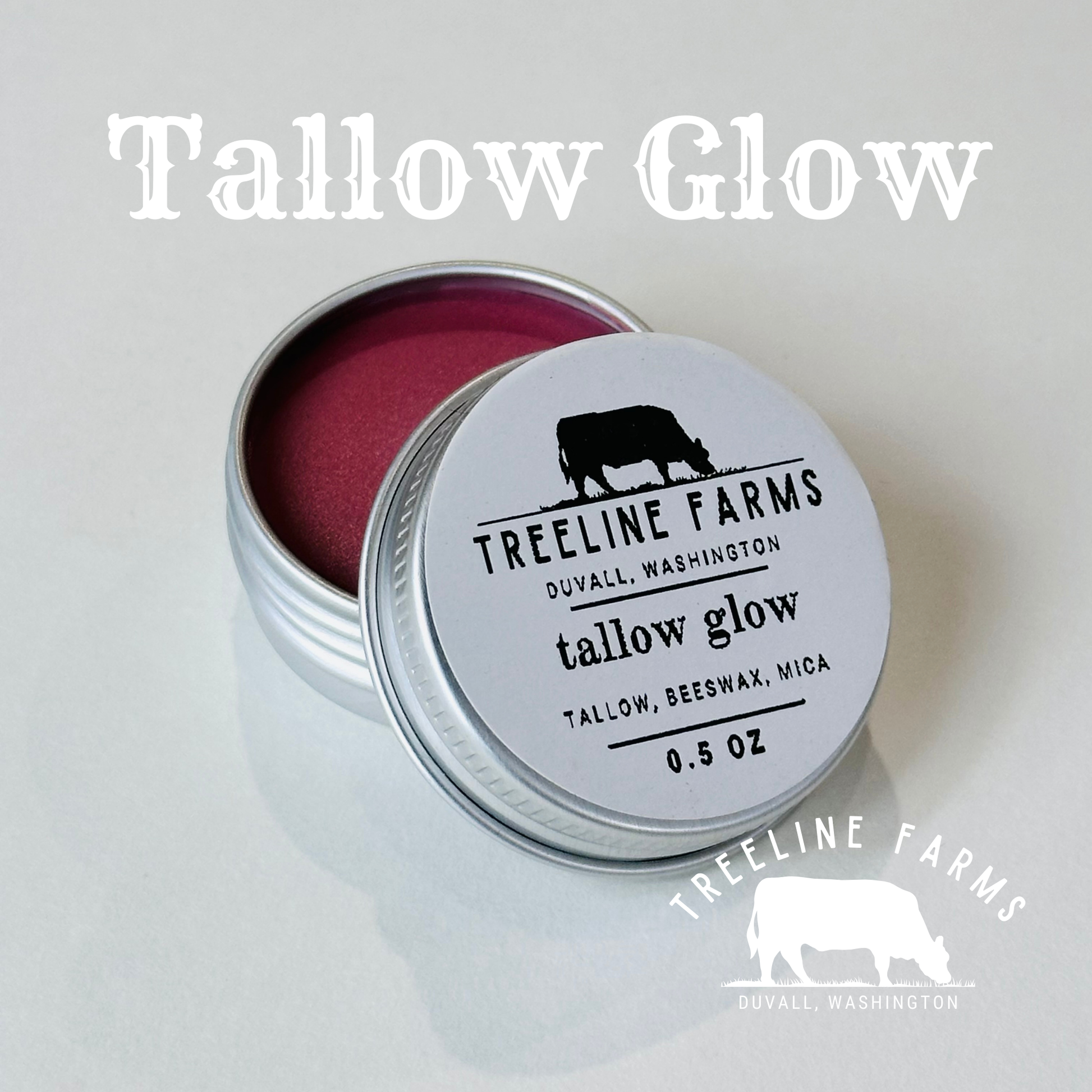 Tallow glow balm in a tin with Treeline Farms branding on a light gray background