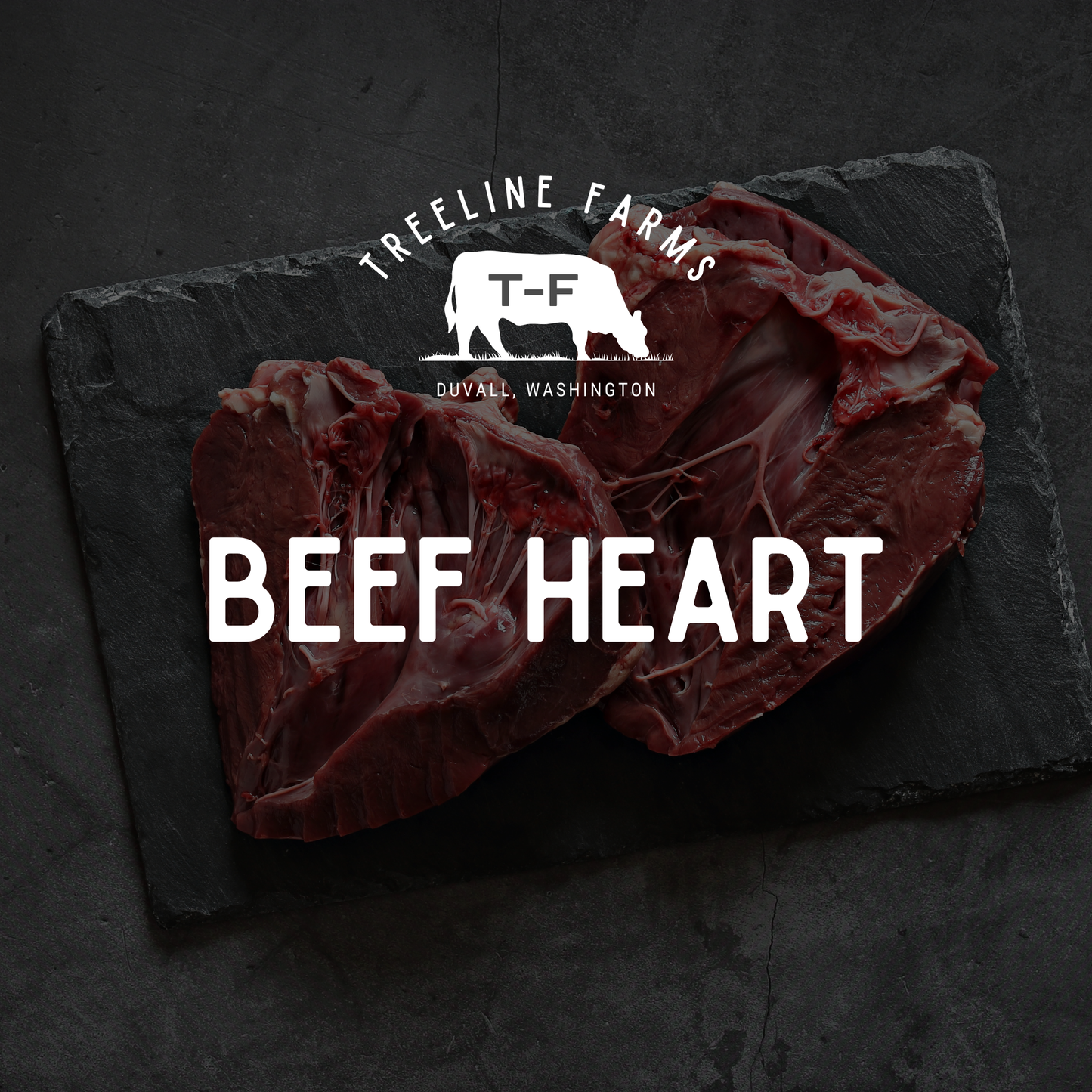 Beef heart on a slate with Treeline Farms logo above it