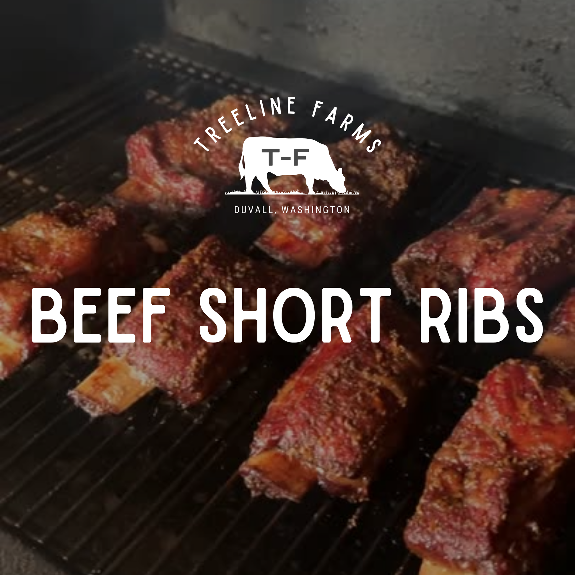 Beef short ribs being cooked on a grill with Treeline Farms logo.