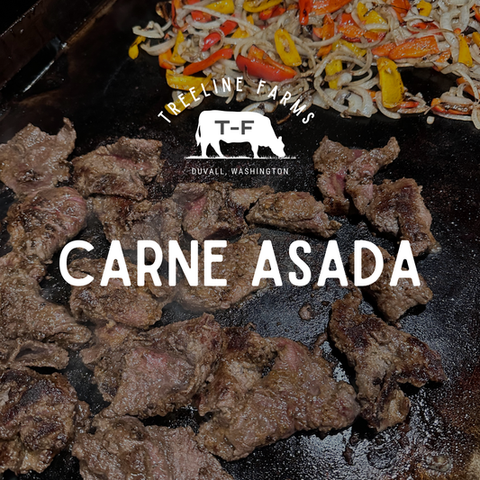 Carne asada and peppers and onions cooking on a grill with Treeline Farms logo in white.
