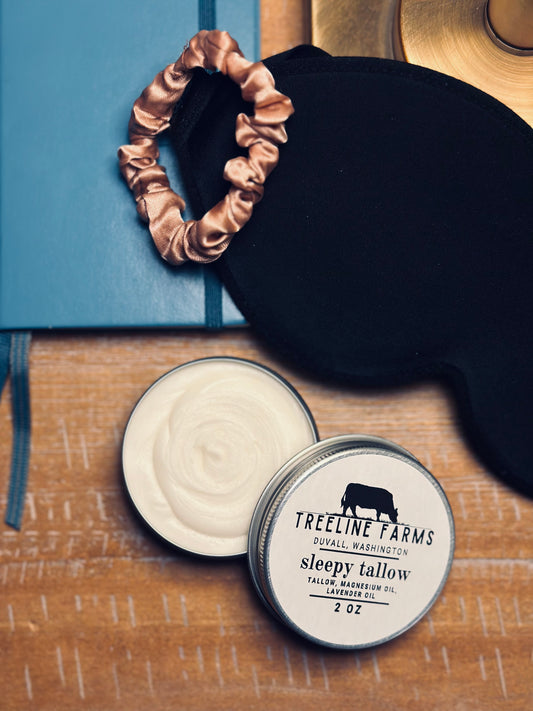 Your nightstand essentials include our Treeline Farms Sleepy Tallow, made with whipped tallow, magnesium oil, and lavender. 