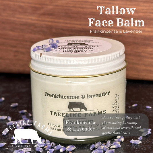 Rich face balm with tallow, jojoba, olive oil, and beeswax in a glass jar with metal lid.