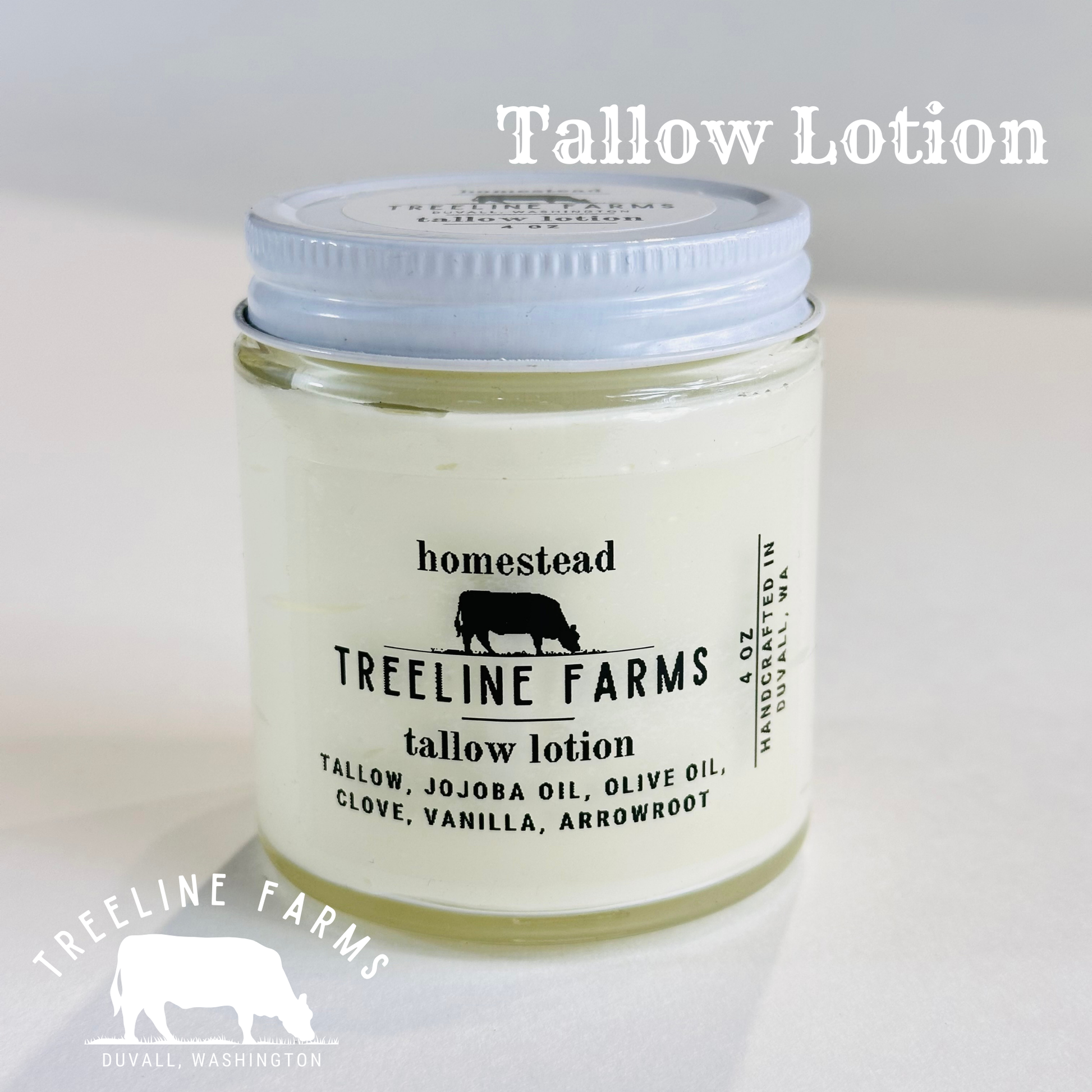 Jar of Tallow Lotion from Treeline Farms on a light gray background.