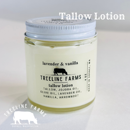 Jar of Tallow Lotion from Treeline Farms on a light background