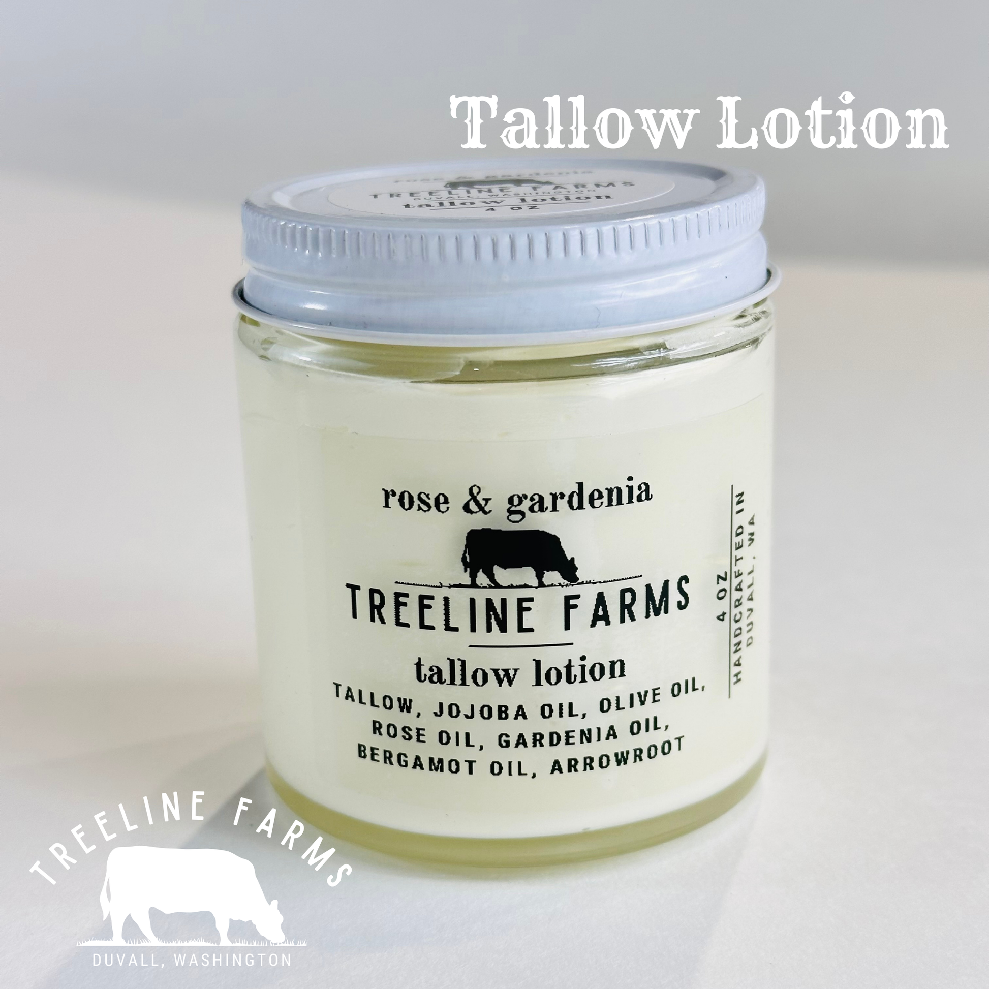 Tallow lotion jar with label on a white background, featuring Treeline Farms branding.