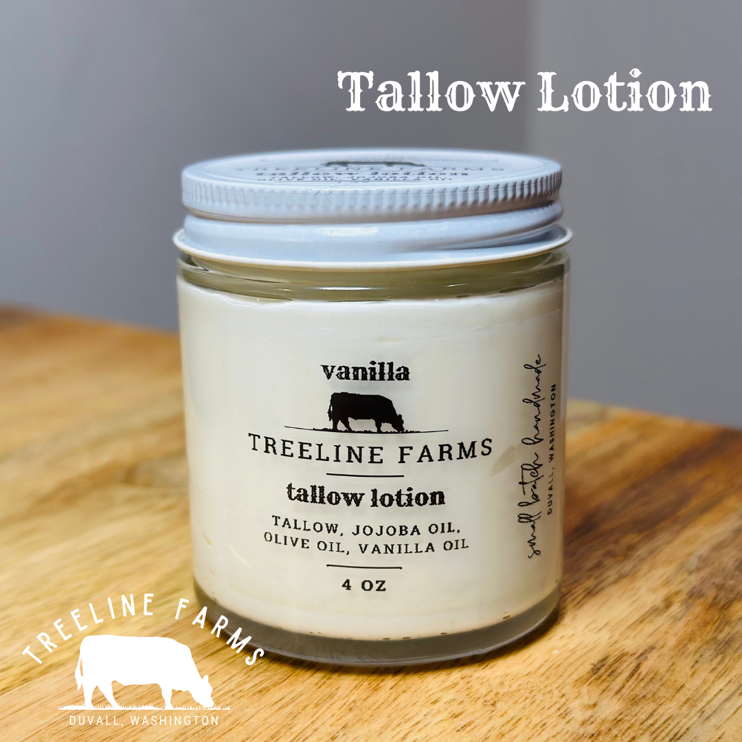 A jar of Tallow Lotion by Treeline Farms on a wooden surface, labeled with the brand and product name, indicating it contains tallow, jojoba oil, olive oil, arrowroot powder, and essential oils, all in a 4 oz jar.