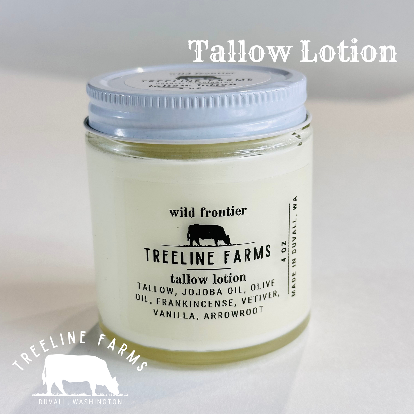 Jar of Tallow Lotion from Treeline Farms on a white background.